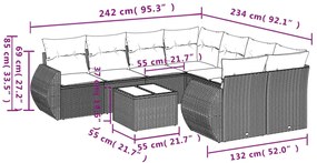 9 pcs conjunto de sofás p/ jardim com almofadões vime PE bege