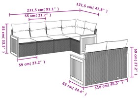 7 pcs conjunto sofás p/ jardim c/ almofadões vime PE cinzento