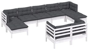 9 pcs conj. lounge de jardim c/ almofadões pinho maciço branco