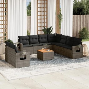 10 pcs conjunto sofás de jardim c/ almofadões vime PE cinzento