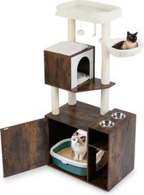 Móvel para areia (CAIXA AREIA NÃO INCLUIDA) de gatos 2 em 1 com arranhador 72 x 45,5 x 155 cm, com 2 comedouros café