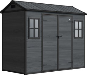 Outsunny Abrigo de Jardim Exterior 2,77 m² 244x131x201 cm com Base Portas com Fecho Janelas e Ventilação Cinzento Escuro | Aosom Portugal