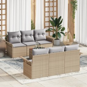 Conjunto de Sofá de Jardim vidaXL 7 Peças com Almofadas Bege Rattan Si