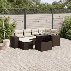 7 pcs conjunto de sofás jardim c/ almofadões vime PE castanho