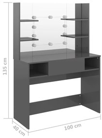 Mesa de maquilhagem c/ LEDs 100x40x135 cm MDF cinza brilhante