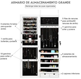 Armário de jóias com Espelho, chave e luz LED Organizador de jóias e maquilhagem com espelho de corpo inteiro 37 x 9,6 x 120 cm Branco