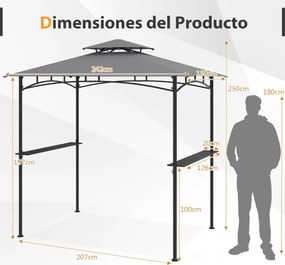 Pérgula para churrasqueira (Não incluida) 242 x 150 cm para exterior com teto duplo, 2 prateleiras, 6 ganchos e estrutura metálica cinza