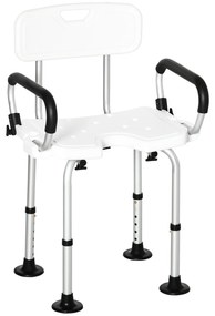 HOMCOM Cadeira para Duche de Liga de Alumínio Cadeira de Duche Antiderrapante com Altura Ajustável de 6 Níveis e Apoio para os Braços Regulável para Idosos 54x52x70-82cm Branco