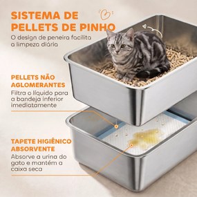 Caixa de Areia para Gatos em Aço Inoxidável com Peneira Laterais Altas Pá e 10 Resguardos Cinzento-Escuro