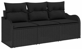 Conjunto de Sofá de Jardim de 3 Peças com Almofadas Preto Rattan Poli