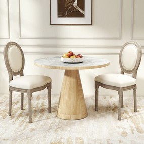 Conjunto de 2 cadeiras de sala de jantar (MESA NÃO INCLUIDA) ao estilo Luís XVI - Madeira maciça esculpida, com acabamento patinado - Aspecto de linho
