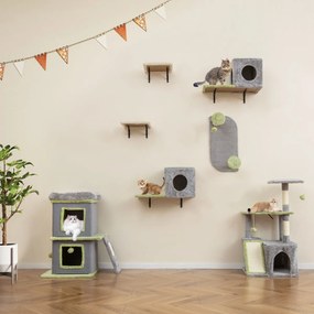 Conjunto de móveis para gatos 3 em 1 com prateleiras de parede modulares com cama e arranhador cinza