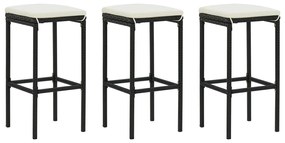 Bancos de bar com almofadões 3 pcs vime PE preto