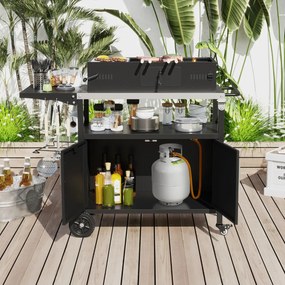 Carrinho cozinha de jardim para grelhados 127 x 50 x 84 cm com arrumação e tampo dobrável para churrasco em aço inoxidável Preto