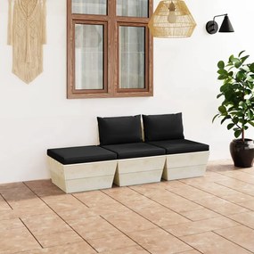 3 pcs conjunto lounge de paletes + almofadões madeira de abeto