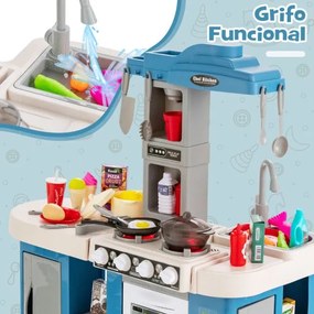 Cozinha de brincar para crianças com 67 peças de comida e utensílios, efeitos sonoros, luz, vapor, pia com água corrente Azul