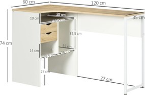 Secretária de canto com 2 gavetas, 120 x 60 cm, secretária em L com 3 compartimentos abertos, secretária para computador, ideal para estudar, trabalha