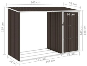 Abrigo de lenha p/ jardim 245x98x159cm aço galvanizado castanho