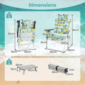 Cadeiras de praia com mesa, dobráveis com encosto ajustável verdes