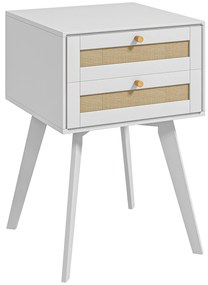 HOMCOM Mesa de Cabeceira Branca Estilo Boho com 2 Gavetas e Decoração de Vime para Quarto Sala de Estar 40x40x60 cm