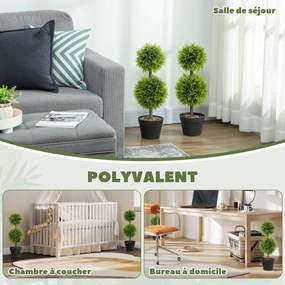 Conjunto de 2 plantas artificiais decorativas, bolas de buxo artificial de 60 cm com vaso, em plástico, verde