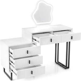 Toucador com espelho 120 x 40 x 124 cm e luzes 3 luzes ajustáveis 5 gavetas Bancada lateral Acabamento canelado e pernas metálicas Branco