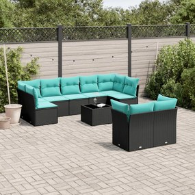vidaXL 10 pcs conjunto de sofás p/ jardim c/ almofadões vime PE preto