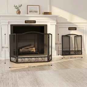 Resguardo Anti-Faíscas para Lareira Dobrável de 3 Painéis em Metal com Design Floral para Casa 107x60 cm Preto