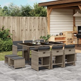 vidaXL 11 pcs conjunto jantar p/ jardim c/ almofadões vime PE cinzento