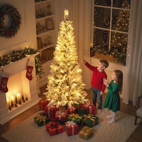 Árvore de Natal Estreita 180 cm Nevada com Luzes LED Bicolores 11 Modos de Iluminação 479 Ramos Suporte Metálico Verde