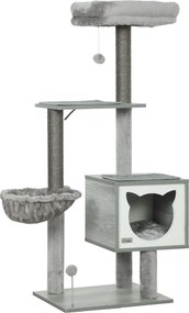 PawHut Arranhador para Gatos com Plataforma Rede Caverna Cama Postes de Sisal e Bolas de Brincar 48x40x126 cm Cinza | Aosom Portugal