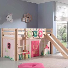 Conjunto Cama alta de Criança PINO 90 x 200 cm + estrado + escada + escorrega + cortina+ bolsas de arrumação Primavera Natural