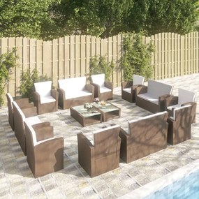 vidaXL 16 pcs conjunto lounge jardim c/ almofadões vime PE castanho
