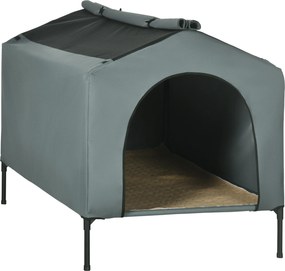 PawHut Casa Cães Cobertura Exterior Cama Elevada Almofada Janelas Malha Confortável Resistente 130x85x95 cm Cinza | Aosom Portugal