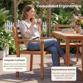 Conjunto de 2 cadeiras de jardim em madeira de acácia com encosto inclinado (MESA NÃO INCLUIDA), braços e assento em ripas, com capacidade para 180 kg