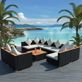 vidaXL 9 pcs conjunto lounge de jardim c/ almofadões vime PE preto