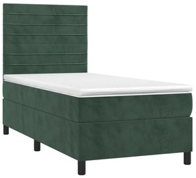 Cama box spring c/ colchão/LED 90x190 cm veludo verde-escuro