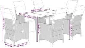 7 pcs conjunto bistrô de jardim c/ almofadões vime PE castanho