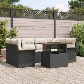 vidaXL Conjunto de Sofá de Jardim de 7 Peças com Almofadas Pretas de Rattan e Acácia