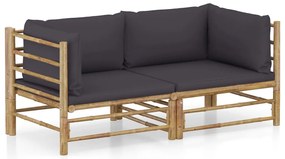 2pcs conj. lounge de jardim bambu c/ almofadões cinzento-escuro