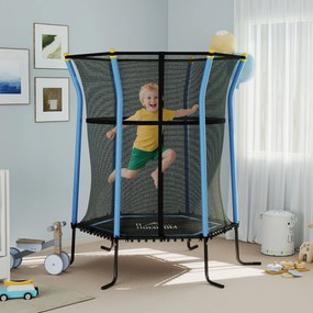 Trampolim infantil Ø 1,63 x 1,9 m com rede de segurança, porta com fecho de correr e 6 postes almofadados incluídos, azul e preto