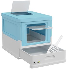 PawHut Caixa de Areia para Gatos Dobrável Caixa de Areia para Gatos Fechada com Bandeja Removível e Pá 47,5x35,5x36,7cm Azul