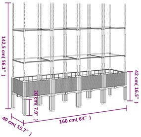 Vaso/floreira jardim c/treliça 160x40x142,5cm PP cinzento-claro