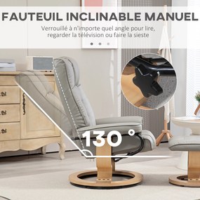Poltrona de relaxamento reclinável com apoio para os pés, giratória, estrutura em madeira, estofo sintético cinzento