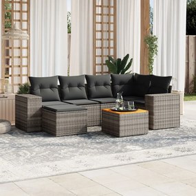7 pcs conjunto sofás p/ jardim c/ almofadões vime PE cinzento