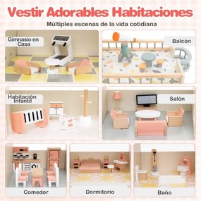 Casa de bonecas de madeira com telhado 82,5 x 107 x 94,5 cm, 41 móveis e acessórios Casa dos sonhos DIY com 3 andares e 6 quartos Laranja