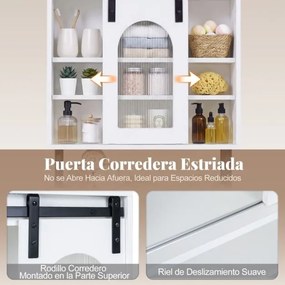 Armário de parede casa de banho 50 x 20 x 70 cm com 3 níveis, porta de correr em vidro e barra metálica Branco