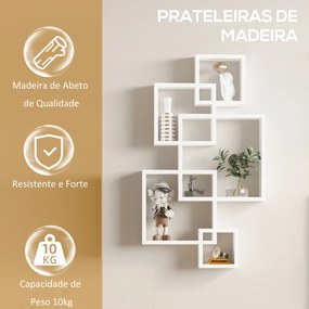 Estante de Parede com 5 Cubos Estante Flutuante de Madeira para Sala de Estar Dormitório Entrada Estúdio Estilo Moderno 49,5x10,2x86cm Branco