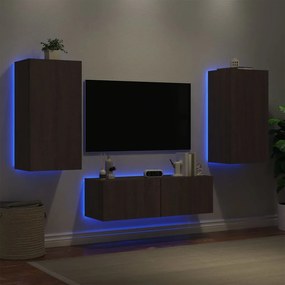 3 pcs móveis de parede para TV com luzes LED carvalho castanho