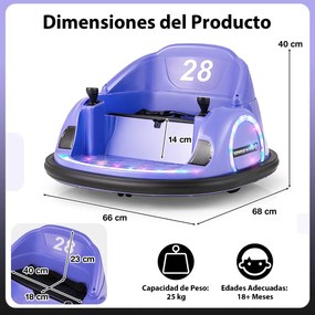 Carrinho choques elétrico para crianças 6v com controlo remoto, luz LED, buzina e música, rotação de 360° com cinto de segurança roxo